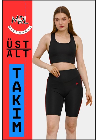 Kadın Siyah Takım Alt-üst Kısa Şort-tayt Ve Pedli Sporcu Büstiyer 2li Set Kırmızı Biyeli Elt3043 Siyah Kırmızı