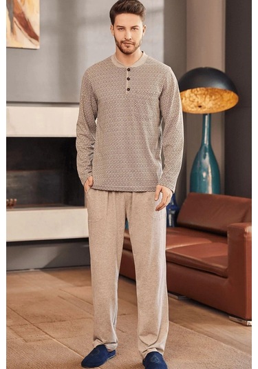 Mecit 22759 Kahverengi Şardonlu Kışlık Büyük Beden Erkek Pijama Takımı Kahverengi