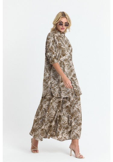 Schık Kadın Viskon Rahat Bol Paça Truvakar Kol Önü Düğmeli Baskılı Takım Kahverengi