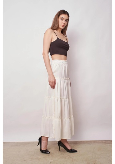 Kadın İç Göstermez Midi Boy Fırfırlı Beli Lastikli Etek -krem Krem