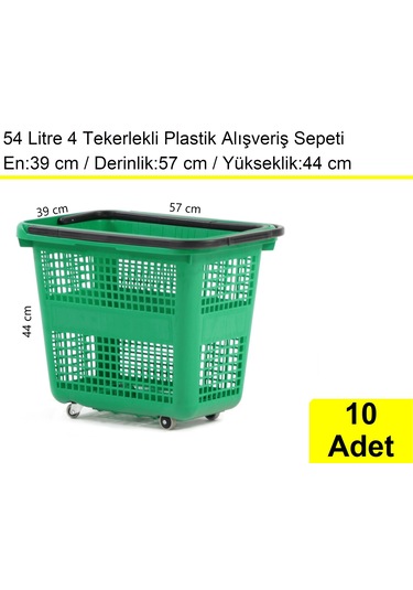 4 Tekerlek Plastik Alışveriş El Sepeti 54 Litre Yeşil 10 Adet / En:42 Boy:54 Yükseklik:44 Cm