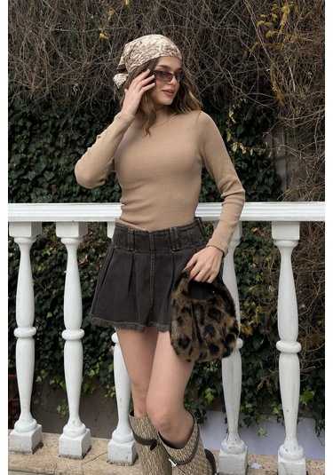 Saks Yarım Balıkçı Şardonlu Fitilli Bluz Sütlü Kahve