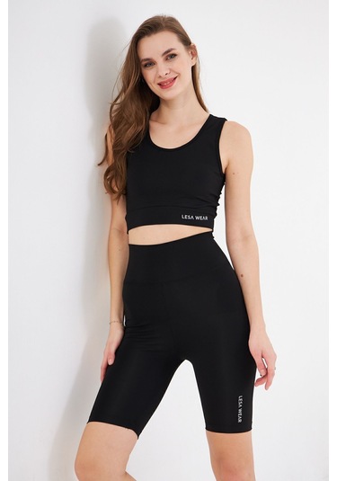 Lesa Wear Yüksek Bel Likralı Toparlayıcı Kısa Şort Tayt Siyah