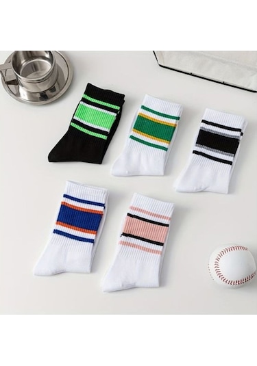 Trampler Pamuklu Çemberli Çizgili Kolej Tenis Unisex Çorap 5 Çift - Çok Renkli