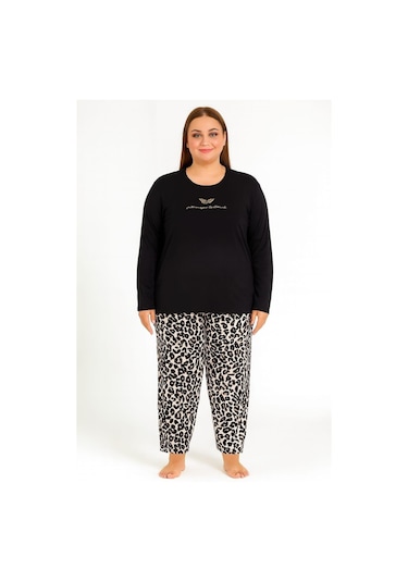 Kadın 08048 Büyük Beden Leopar Desen Pijama Takımı Siyah Siyah