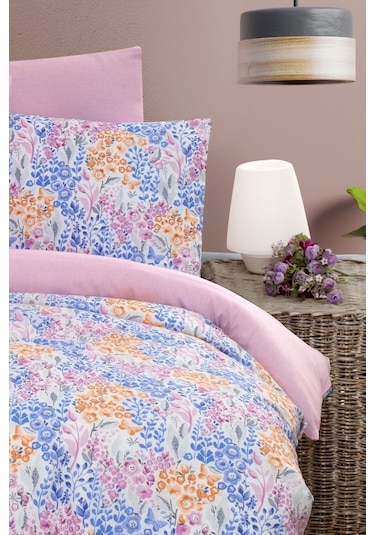 Mystory Home  Lastikli Çarşaflı Çift Kişilik Nevresim Takımı Colore Mavi - Pembe - Turuncu