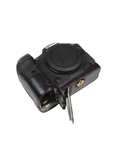 Pazly Canon Eos R5/r6/r62 Pu Deri Kamera Alt Kasa Pil Açma Tasarımlı Flanel Astarlı Yarım Kapak - Siyah