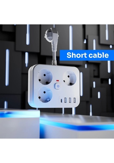 Motion003 7-in-1 Kompakt Güç Şeridi Siyah Açma Kapama Anahtarı Usb Bağlantıları Ac Ve T