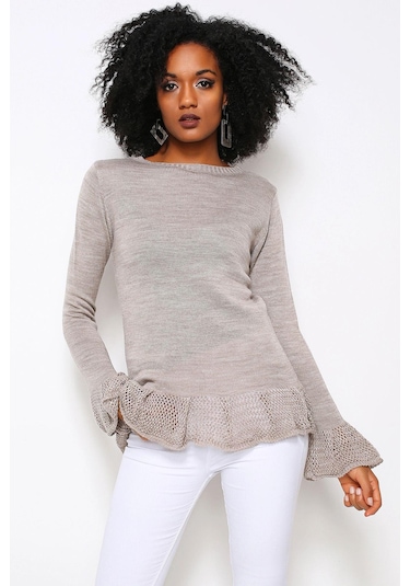 Vizon Yuvarlak Yaka, Fırfır Kol Ve Etek Ucu Detaylı, Triko Bluz Vizon