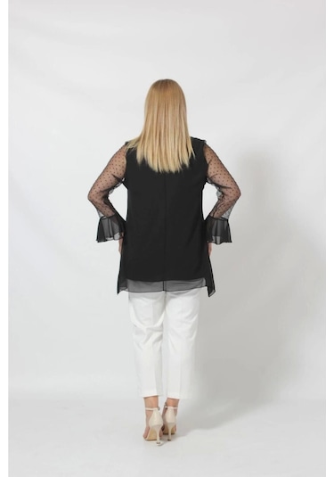 1939-5s Siyah Kolu Puantiye Dantelli Şifon Şık Bluz Siyah