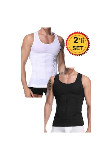 Erkek Korse Atlet Göbek Sıkılaştırıcı Toparlayıcı Korse İkili Set Beyaz - Siyah
