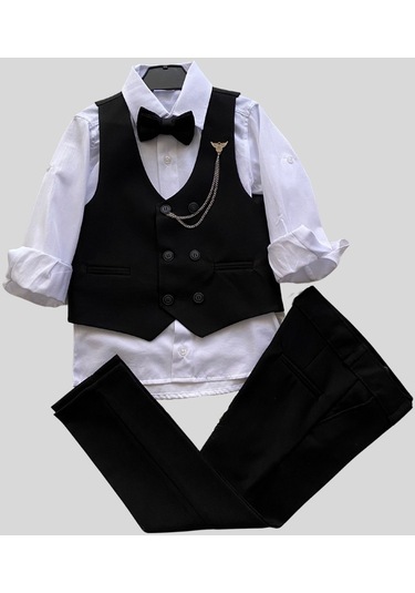 Zincir Detay Çift Düğmeli Erkek Çocuk Takım Elbise Siyah