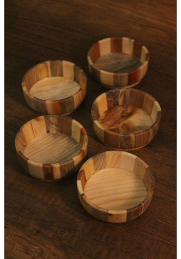 5li Ahşap Çerez Kase Seti Ağaç Renkli Tasarımlı