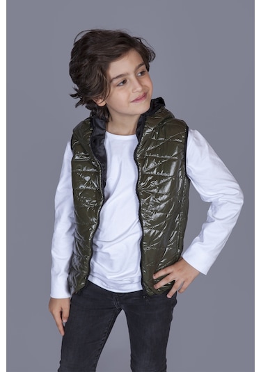 Toontoy Erkek Çocuk Kapşonlu Parlak Yelek Haki