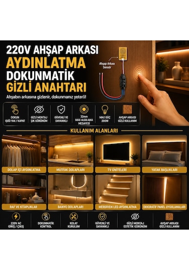 Ahşap Arkası Dokunmatik Sensör Anahtarı - 220V AC Çıkışlı