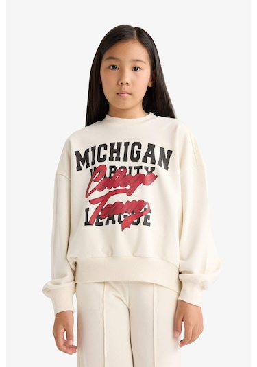 Defacto Kız Çocuk 2li Takım Baskılı Sweatshirt Eşofman Altı F2564a825auer238 Ekru