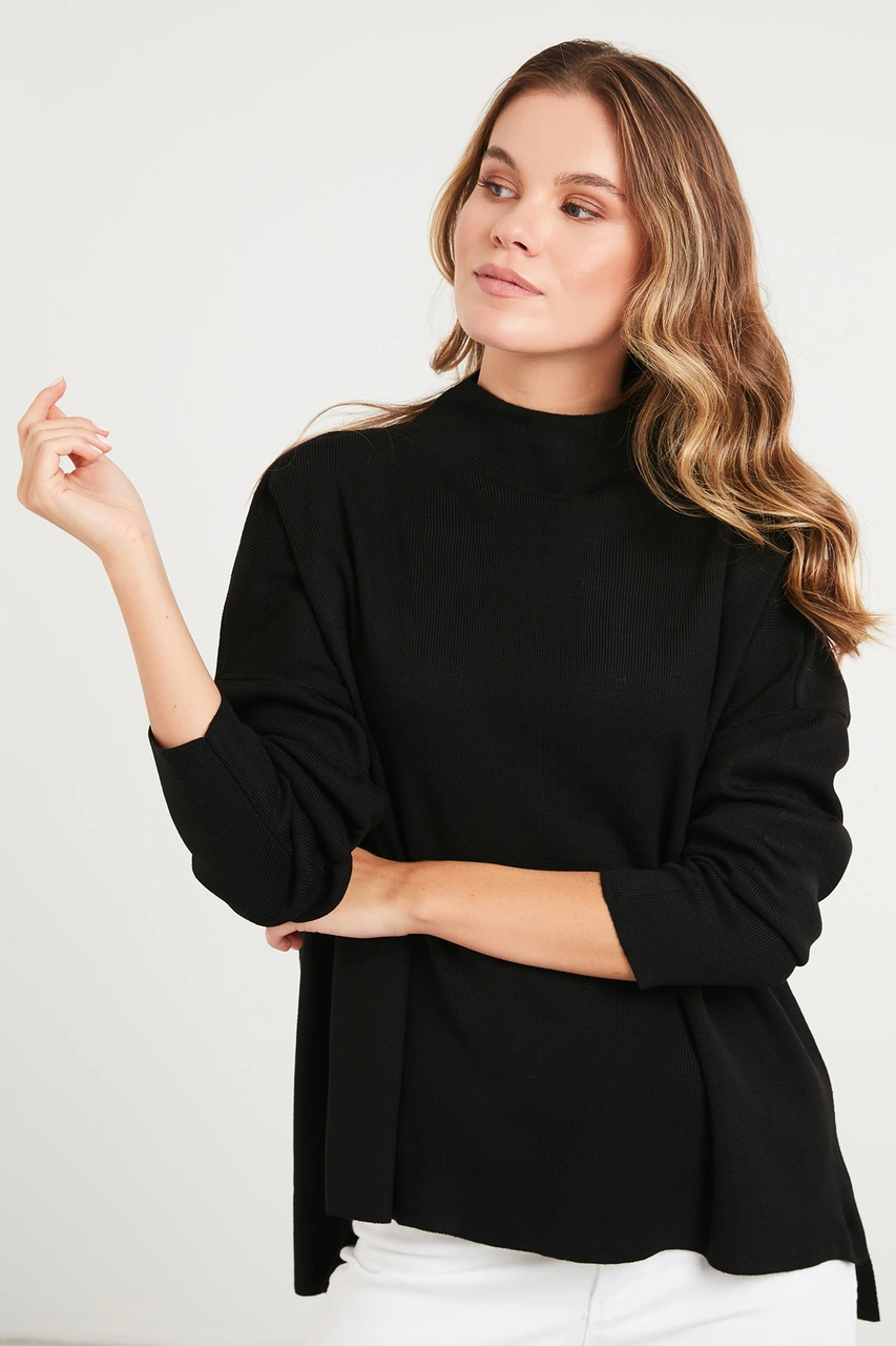 Lela Pamuklu Arkası Uzun Dik Yaka 2'Li Paket Triko Bayan Kazak 4615002S2 Mor-Siyah