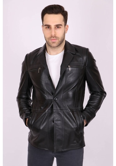 Erkek Siyah Hakiki Deri Yakalı Düğmeli Klasik Casual Mont