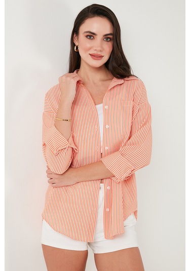 Lela Regular Fit Uzun Kollu Cepli Çizgili Bayan Gömlek 6772895 Oranj