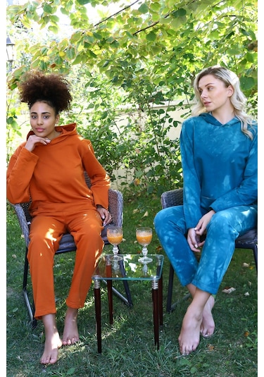 Akbeniz Kadın Pamuk Kapşonlu Cepli 3 İplik Kiremit Eşofman Takım 9037-kiremit Kiremit