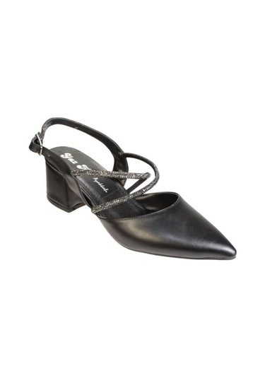 Yazkış Kadın Siyah Beyaz Cilt Üzeri Taşlı Çapraz Bantlı Arkası Açık 5cm Kalın Topuk Ayakkabı 001