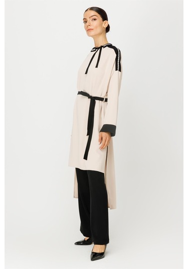 Yakası Taş İşleme Detaylı Kuşaklı Tunik Pantolon Takım Taş-taş Taş