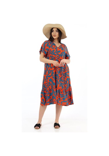 Kadın Viskon Yarım Kol V Yaka Cepli Fırfırlı Elbise Orange Orange