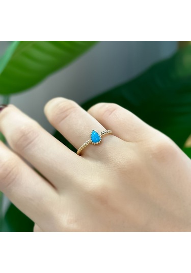 14k Altın Mavi Damla Taşlı Yüzük