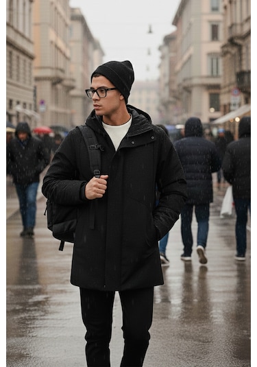 Buratti Astarlı Regular Fit Fermuar Ve Çıtçıt Düğmeli Kapüşonlu Erkek Mont 497Roma Siyah