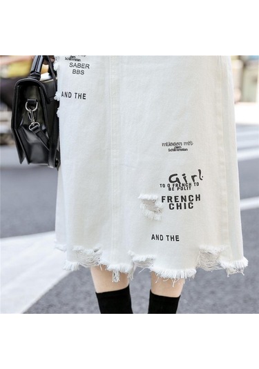 Kadın Ön Delik Kot Etek Yaz Uzun Etekler Yüksek Bel Kot Etek Artı Boyutu Beyaz