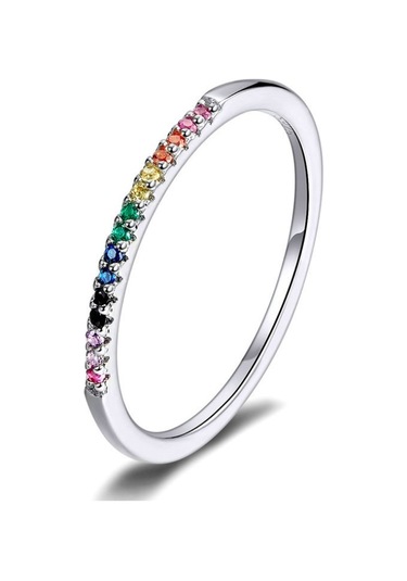 Sterling Silver Ring S925 Colored Zircon Ring, Size:8 Çok Renkli