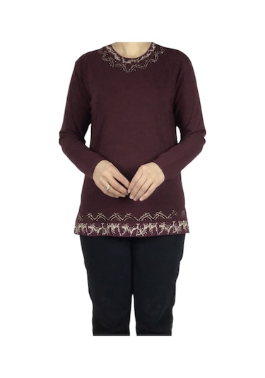 Kadın Yaka Ve Etek Desenli Taşlı Likralı Bluz-arpbattal2 Bordo