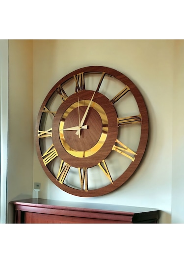 Siyah Ve Ceviz Renk Gold Sayılı Hediyelik Ahşap Dekoratif Farklı Desenli Ev Duvar Saati 50cm Ceviz