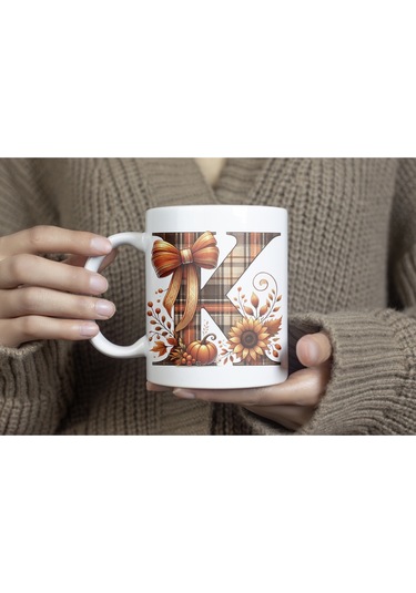 K Harfi Ekose Ve Sonbahar Temalı Kupa Bardak - Kişiye Özel Sıcak Tonlar Alfabe Kupa - Hediye Beyaz