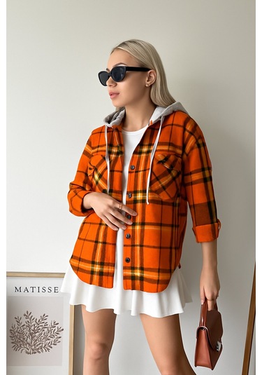 Kadın Desenli Renkli Oduncu Oversize Bol Ve Geniş Kalıp Casual Çift Kapüşonlu Ceket Gömlek Turuncu