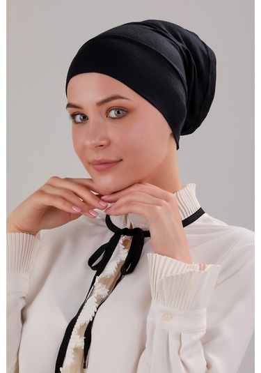 Tesettür Hazır Pratik Geçme Boru Bone Siyah Siyah