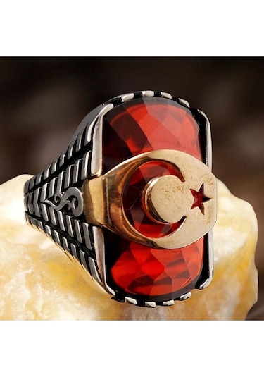 Kırmızı Zirkon Taşlı Ay Yıldızlı 925 Ayar Gümüş Erkek Yüzük