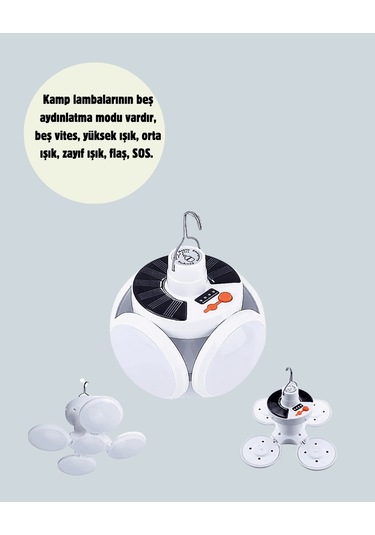 Güneş Paneliyle Şarj Olan Katlanabilir Led Çadır Lambası - 5 Kademeli Aydınlatma Beyaz