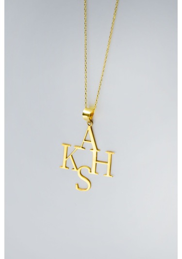 925 Ayar Gümüş Gold Kaplama Çoklu, Dört Harf Plaka Kolye