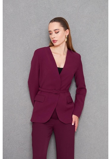 Kemerli V Yaka Takım Mürdüm Mürdüm