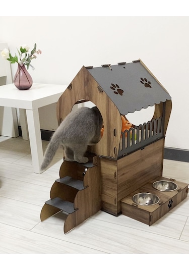Nursoft Dekoratif Teraslı Kedi Evi ve Mama Kabı Seti 51 x 65 CM