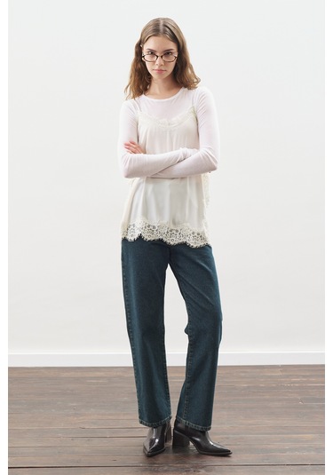 Dantel Şeritli Askılı Bluz Ekru Ekru