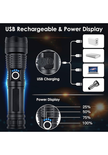 Soulader Güçlü Ve Şık 100000 Lümen Usb Şarjlı Led El Feneri - Dayanıklı Ve Parlak Aydınlatma Siyah