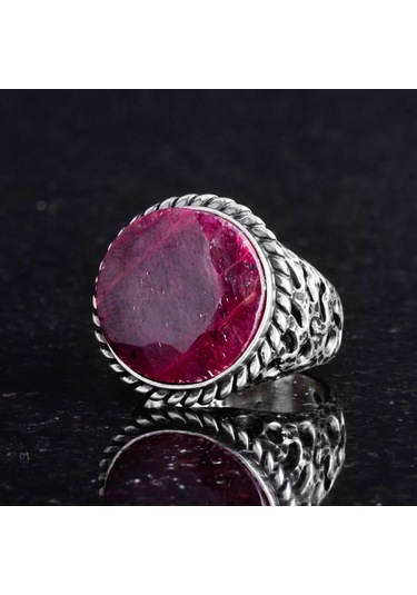 Gerçek Doğal Taş Yüzük - 925 Ayar Katı Gümüş Erkek Yüzüğü İle Yakut Gümüş