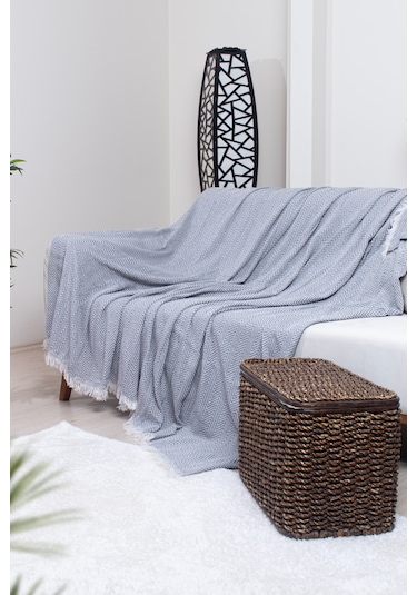 Pamuklu Zikzak Desenli Püsküllü Koltuk Örtüsü 170x210 Cm Dekoratif Ve Çok Amaçlı Koyu Gri