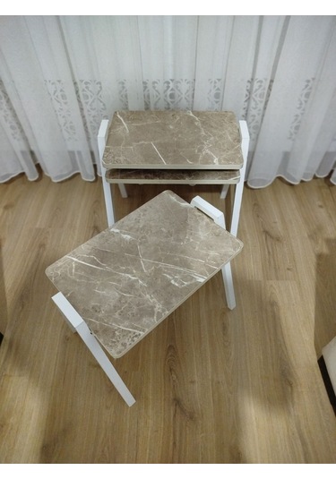 Zigon Sehpa 3'lü Mermer Desenli Tepsi Model Açık Mermer Desen Beyaz Ayak Mermer Desenli