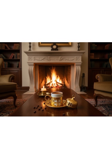 Yonca Desenli 6 Kişilik Porselenli Kapaklı 24 Parça Altın Renk Fincan Seti Altın