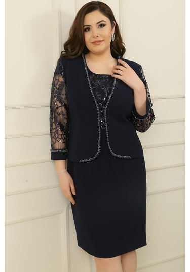 Pulpayet-tül Detaylı Astarlı Elbise Ceket Büyük Beden 2'li Takım-34870 Lacivert