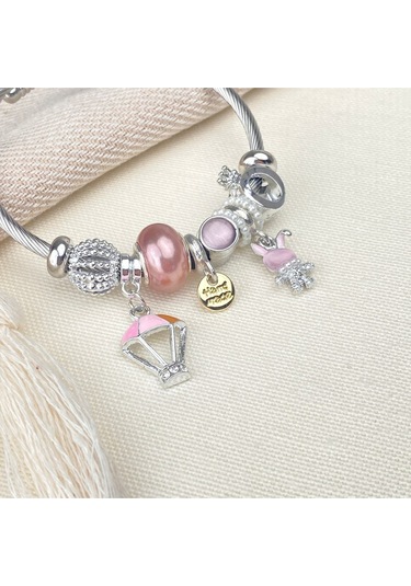 Charm Bileklik Tavşan Uçan Balon Figürlü Çelik Bileklik Gümüş Pembe Gümüş