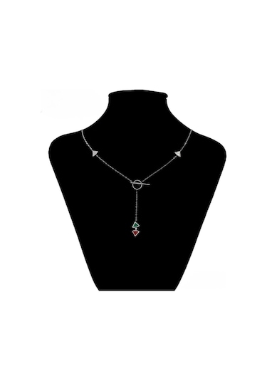 T Bar Kilitli Renkli Üçgen Uçlu Platin Kaplama Kadın Kolye Silver
